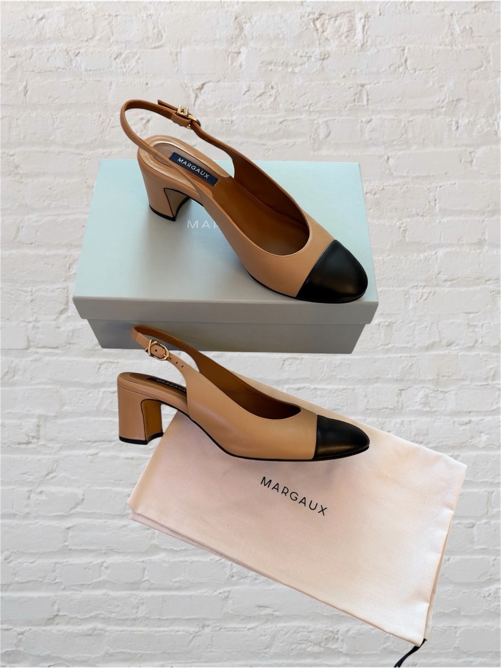 Margaux leather The Cap-Toe Cluny 2.5” slingback heels in nappa dune and black